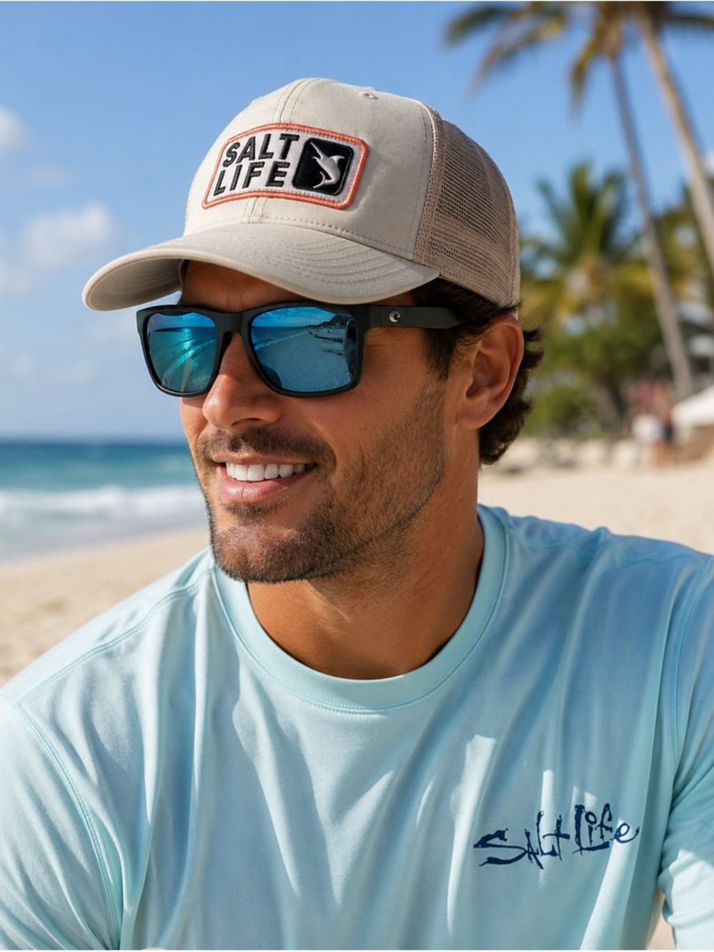 Salt Life Trucker Hat Snapback Khaki Tan Mesh Back NWT OSFM Live Salty Cap